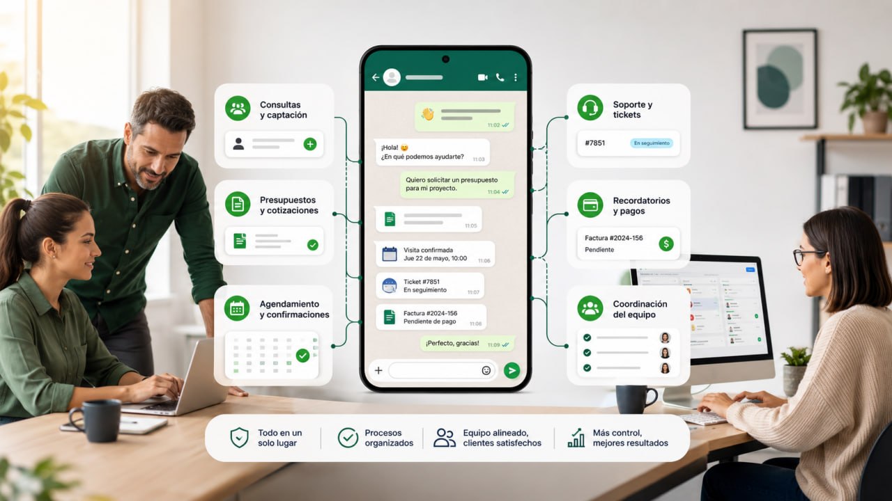 Gestión de una pyme desde WhatsApp conectando consultas, presupuestos, citas, tickets, pagos y coordinación del equipo