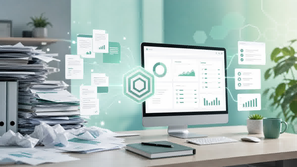 Ilustración ligera de automatización administrativa en una pyme con documentos conectados a un panel digital