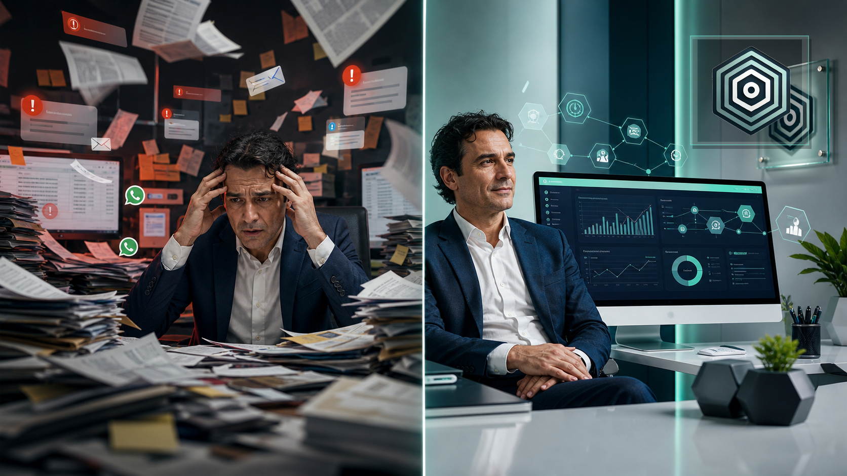 Empresario agobiado frente a gestión digitalizada y automatizada en una empresa en crecimiento